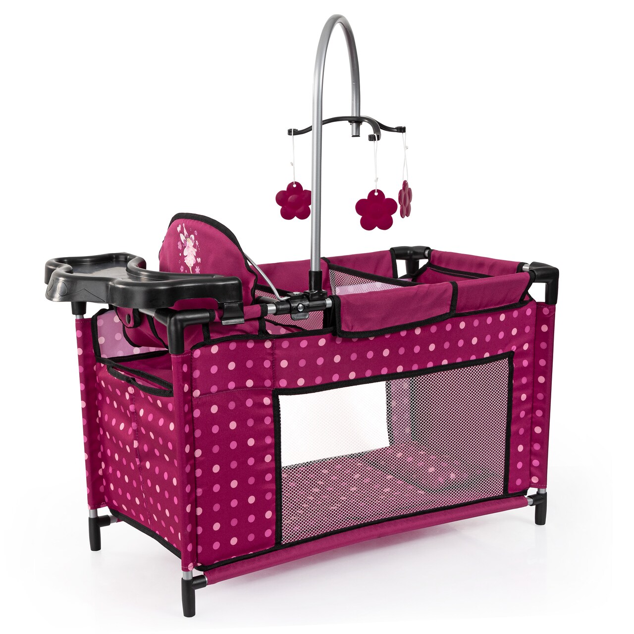 Bayer: Multi Bed - Hot Pink, Dots, Fairy - Playpen for Dolls Up to 18", Built-in Highchair & Mobile, Pillow & Blanket, Kids Toy, Age 3+